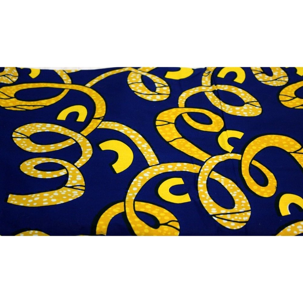 Vertiable Yuyue Wax Fabric Navy Blue Yellow-Gold Swirls Dots